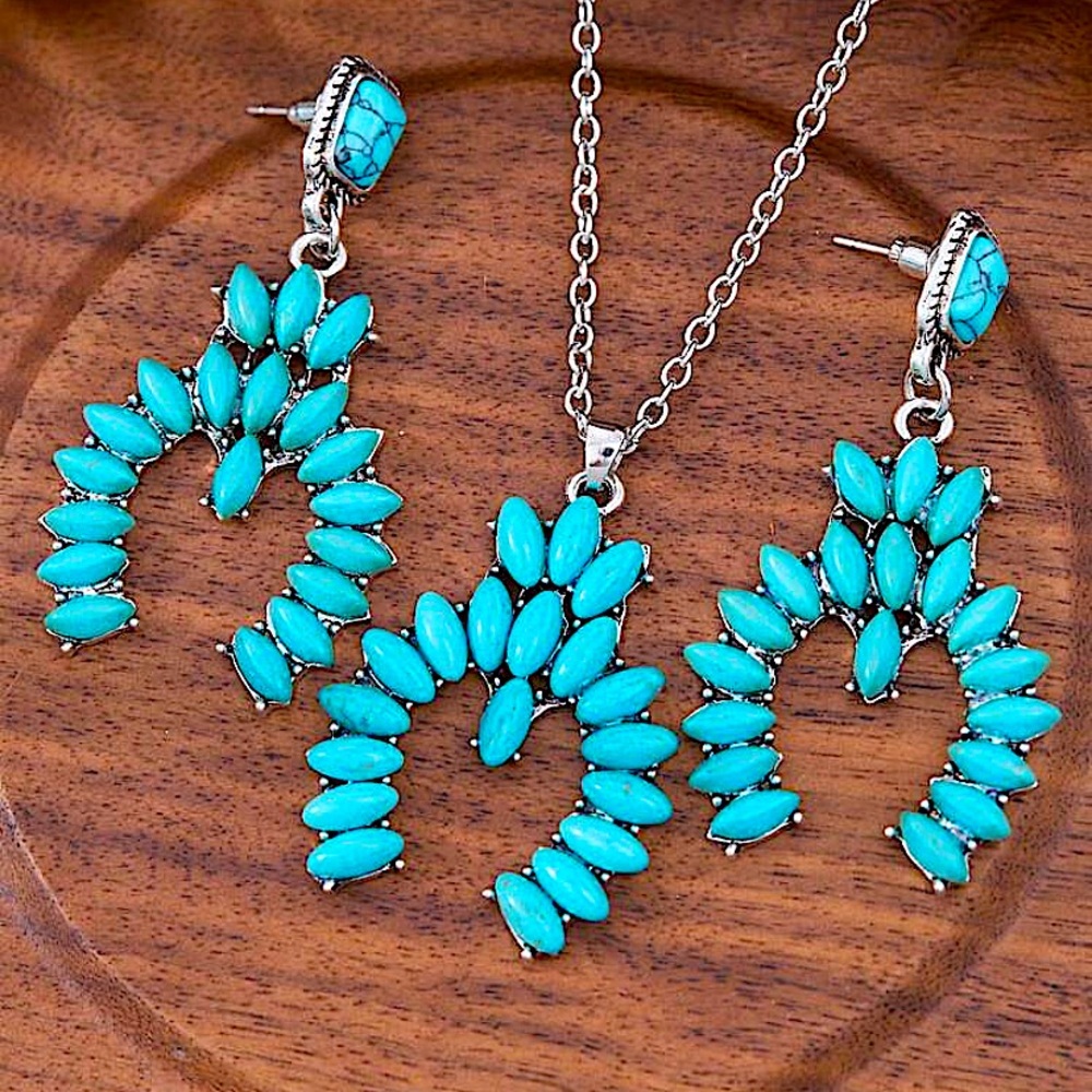 Western Squash Blossom Turquoise Necklace, Navajo Bohemian Necklace Earr…